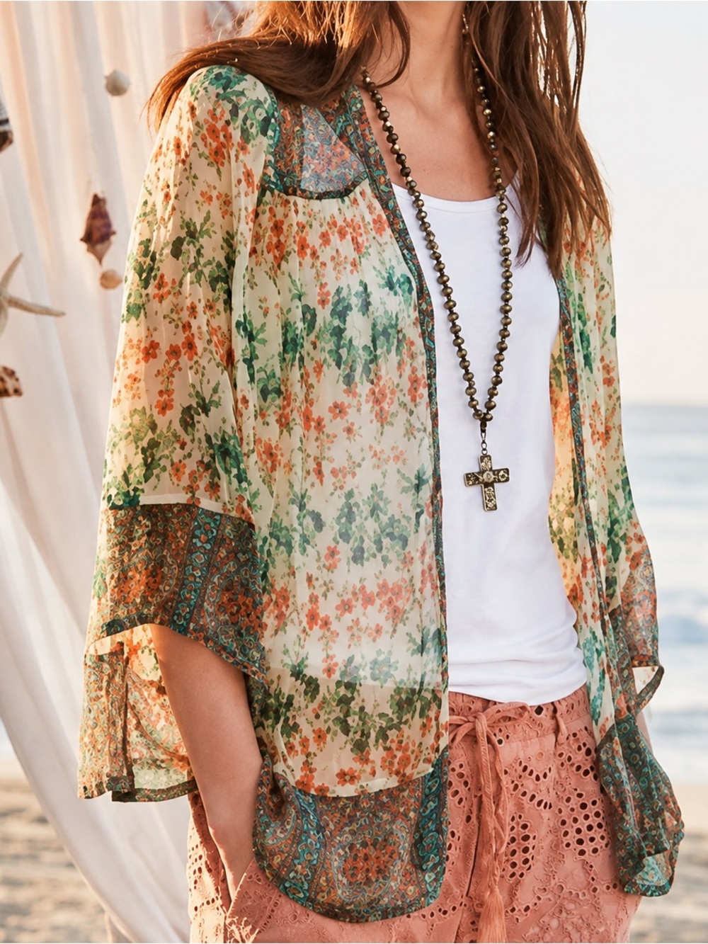 Sundance Floral Cupro Kimono Top Size S Sheer Boho Open Front